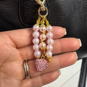 “Made with Love” Handmade Pink Pearl Heart Bag Charm – Gold Heart Clasp Keychain